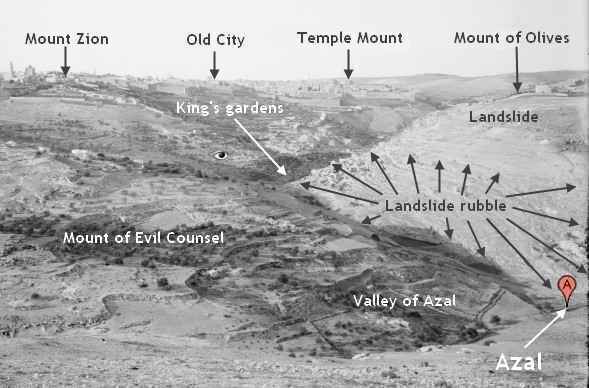 [Photo taken by a member of the American Colony in Jerusalem in the early part of the the twentieth century, showing Jerusalem, the southwestern part of the landslide on the Mount of Corruption, and landslide rubble touching the valley of Azal.]